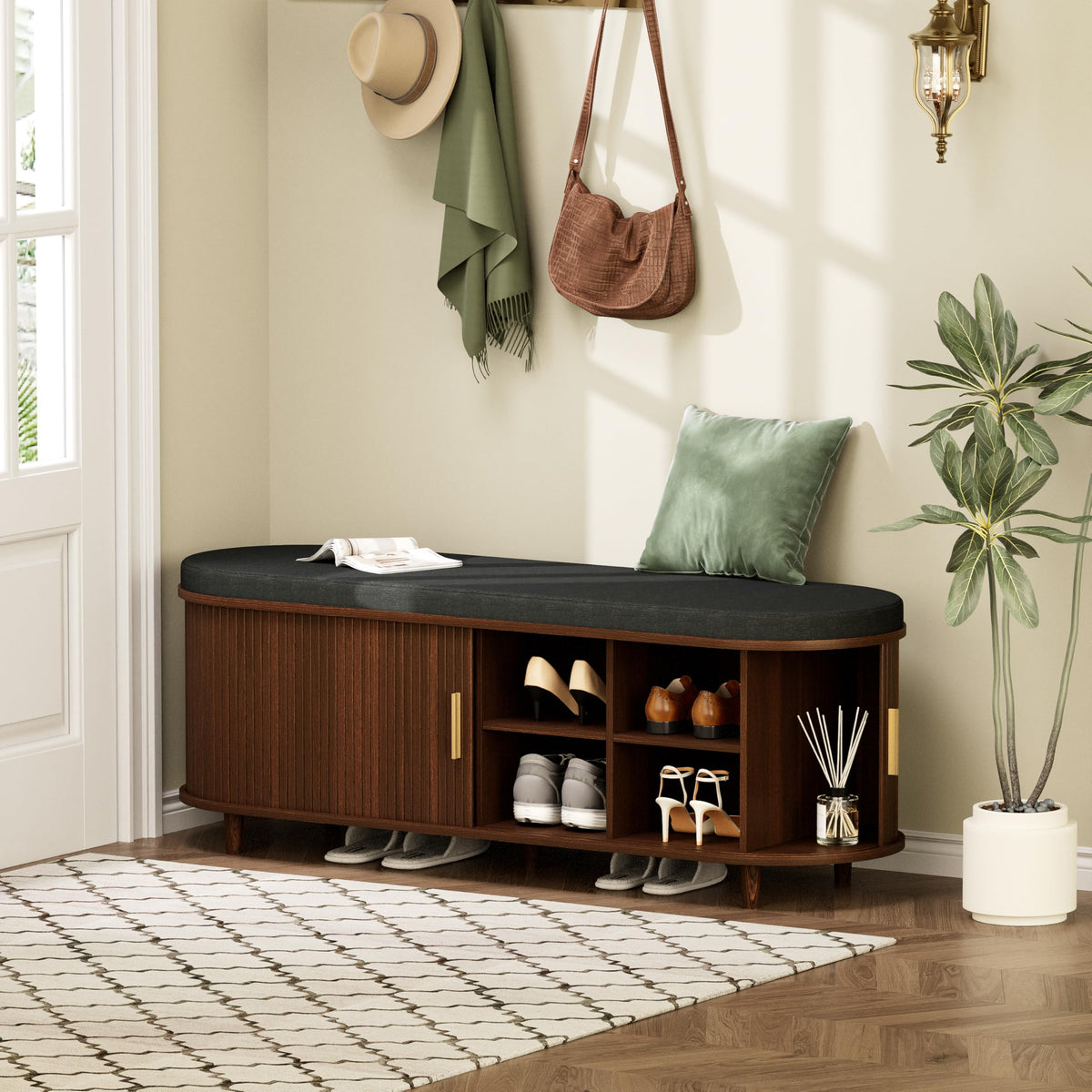 DHH 2-Tier Storage Bench,Wide Shoe Bench with Thickened Padded Seat Cushion, Mid Century Modern Fluted Sliding Door and Adjustable Shelf, for Entryway, Living Room, Bedroom (Walnut, 43.3“)
