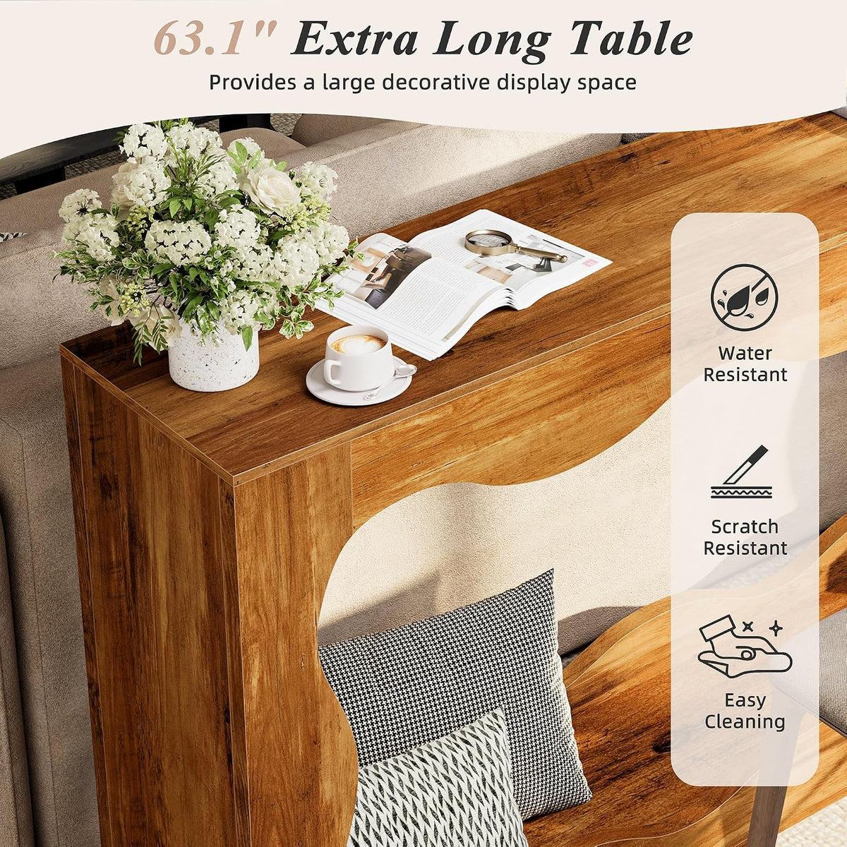 Shintenchi 63" Farmhouse Console Table with Storage & LED Light, Brown