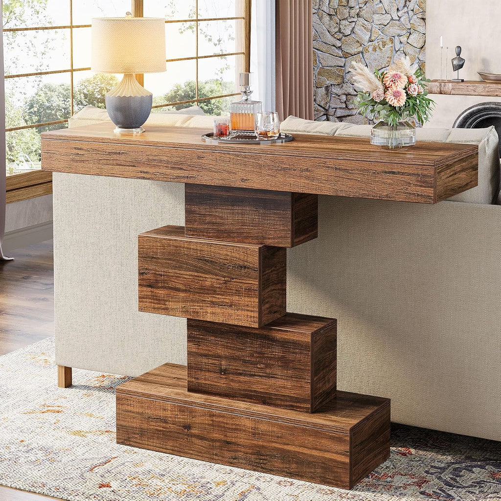 Tribesigns 42.5" Farmhouse Console Table, Narrow Wood Sofa Table Behind Couch with Geometric Base, Industrial Entryway Accent Table for Living Room, Hallway, Entrance (Rustic Brown)