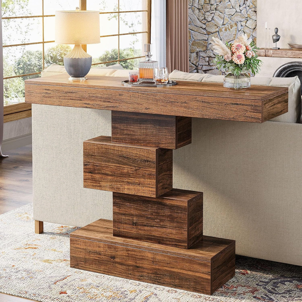 Tribesigns 42.5" Farmhouse Console Table, Narrow Wood Sofa Table Behind Couch with Geometric Base, Industrial Entryway Accent Table for Living Room, Hallway, Entrance (Rustic Brown)