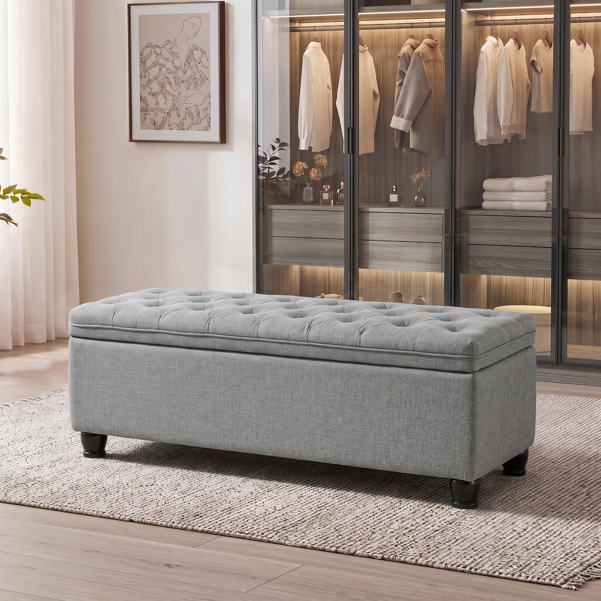 SONGMICS Storage Ottoman, 48 Inches Long Bed End Stool, Solid Wood Legs