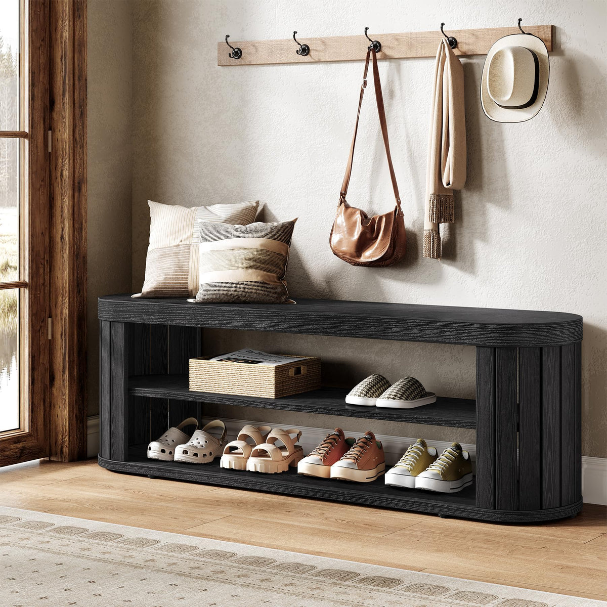 Tribesigns 47.2" Wooden Entryway Bench with 2-Tier Shoe Storage, Farmhouse Dining Bench with Adjustable Foot Pads, End of Bed Stool for Bedroom, Hallway, Living Room, Dining Room, Rustic Brown