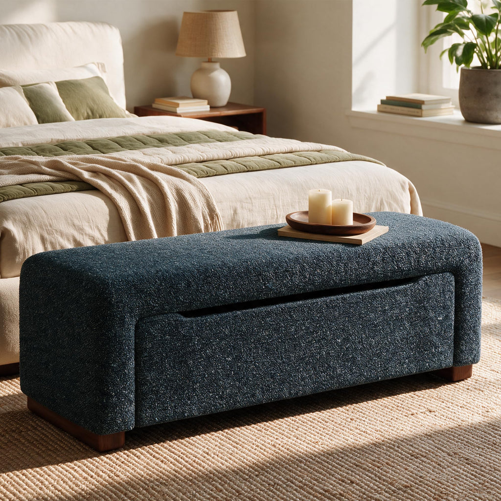 47.2" Upholstered Storage Bench for Bedroom, Boucle-Style End of Bed Bench with Hidden 25.7 Gallon Storage, Soft Textured Woven Ottoman Bench, Camel