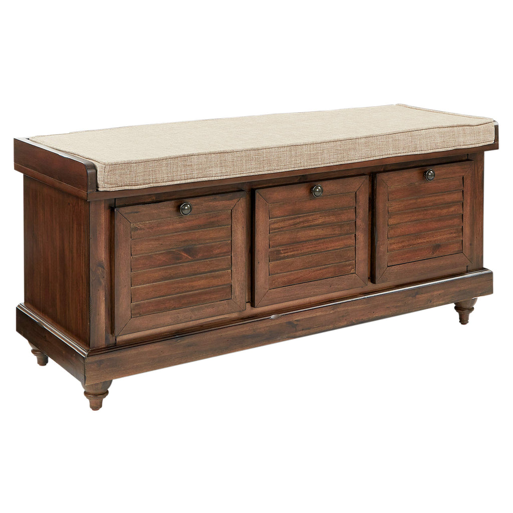 OSP Home Furnishings Dover Coastal Lift-Top Storage Bench with Shutter Face Styling, Distressed Brown Finish with Beige Linen Fabric Cushion