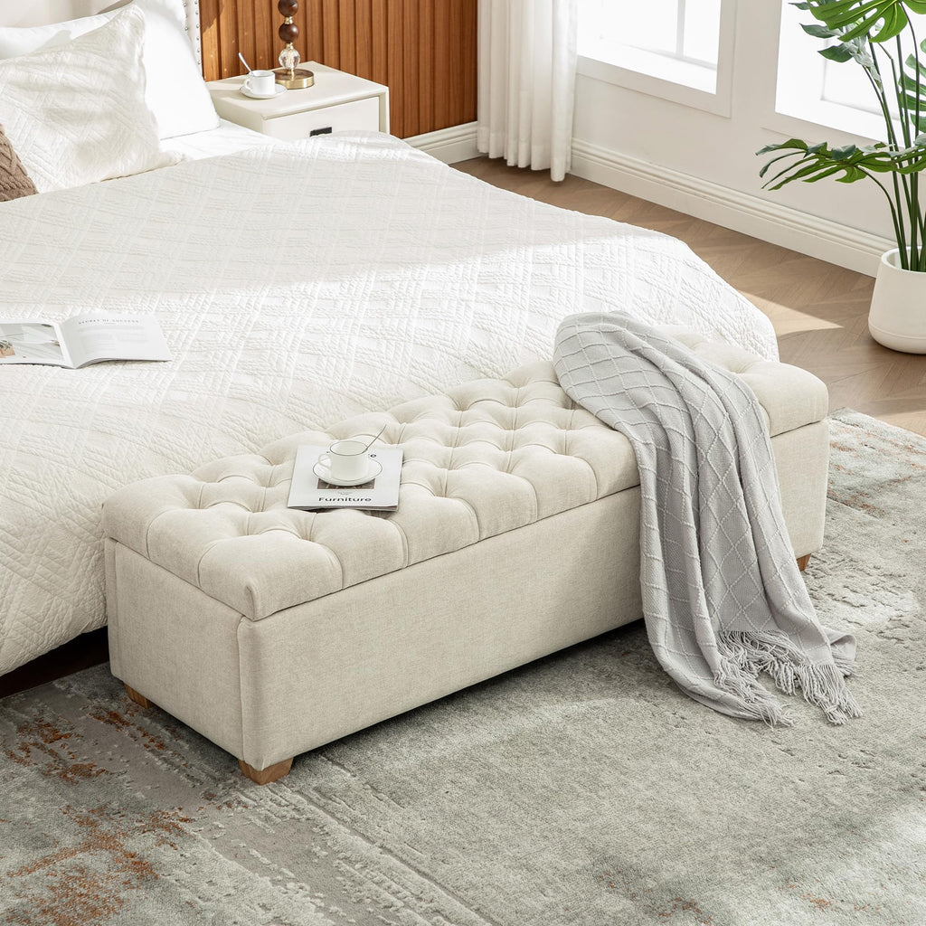 60.2" Storage Bench, End of Bed Storage Benches, Chenille Fabric Upholstered Ottoman Bench with Safety Hinge for Living Room Entryway Bedroom Hallway