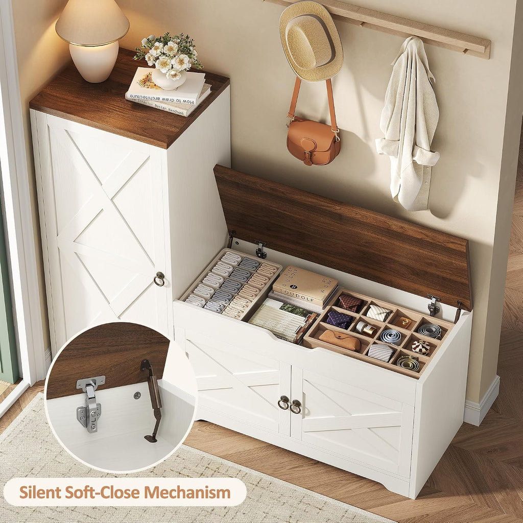 47'' Shoe Cabinet with Bench Seat, 7-Tier Shoe Storage Bench for Entryway with Adjustable Shelves, 0.7'' Top Panel and Hidden Lift Top Storage for Hallway Entrance, White
