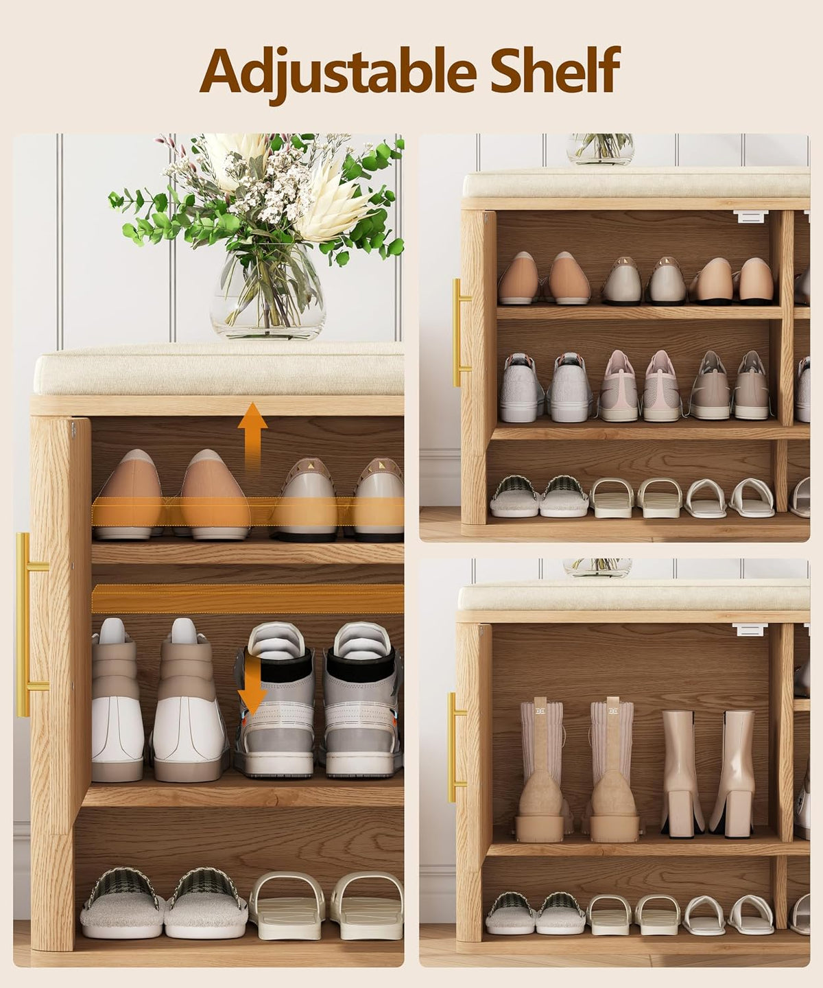 Fluted Shoe Storage Bench, Entryway Bench with Adjustable Shelves