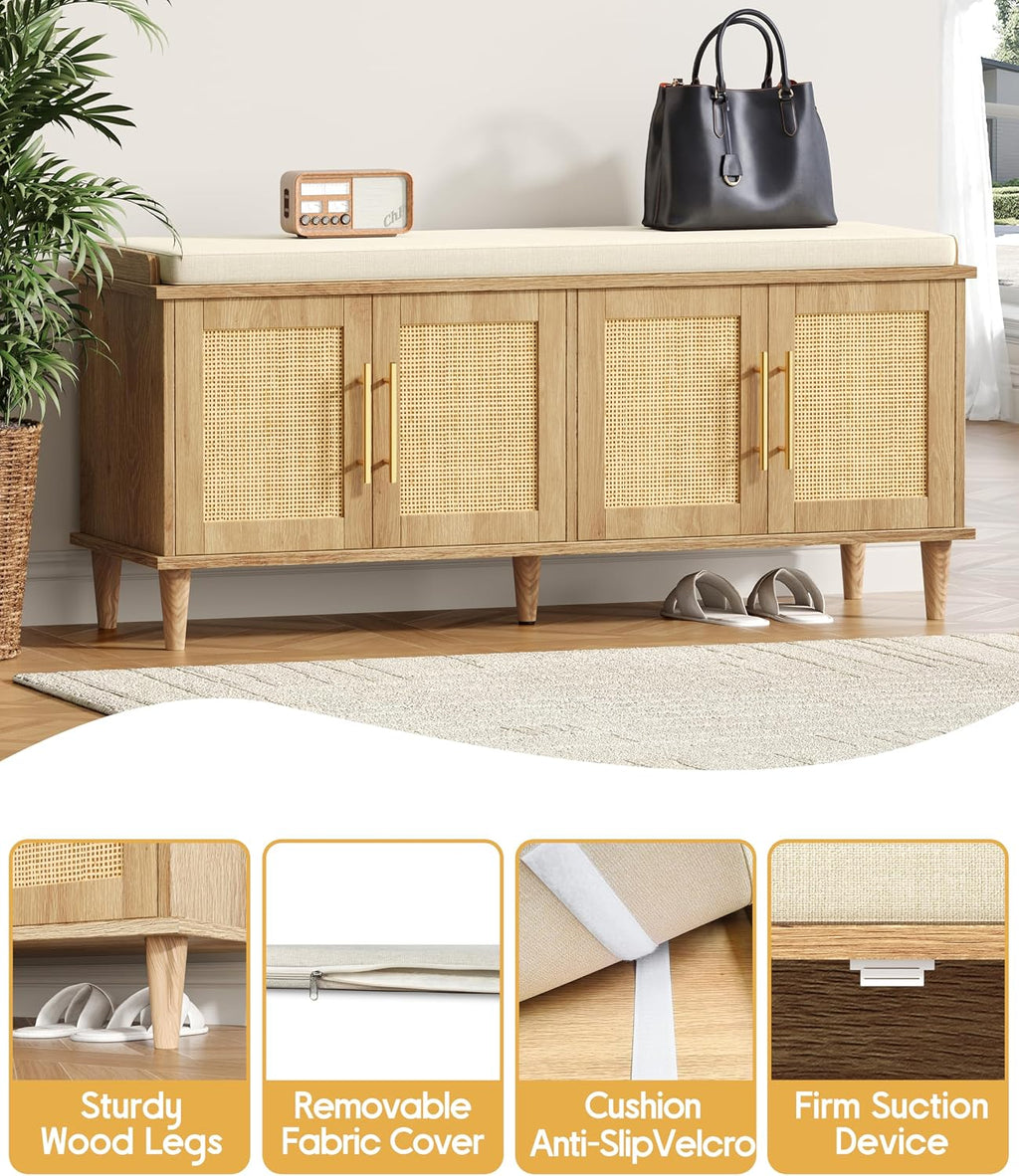 Akxomel 47.2" Rattan Shoe Storage Bench 4 Doors Wooden Entryway Bench Oak
