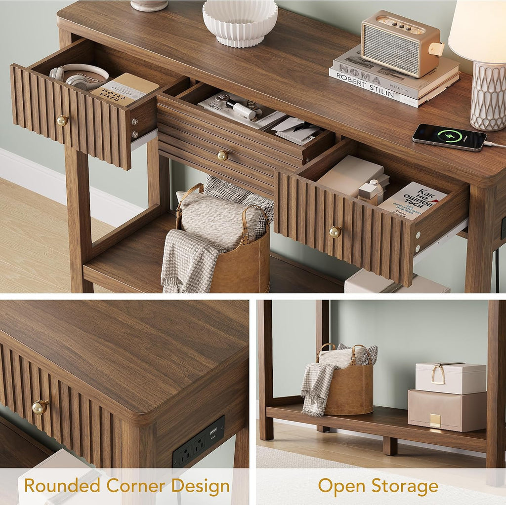 Decofy 47'' Fluted Console Table with Charging Station & 3 Drawers, Walnut