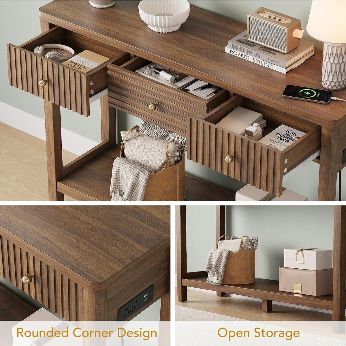 Decofy 47'' Fluted Console Table with Charging Station & 3 Drawers, Walnut