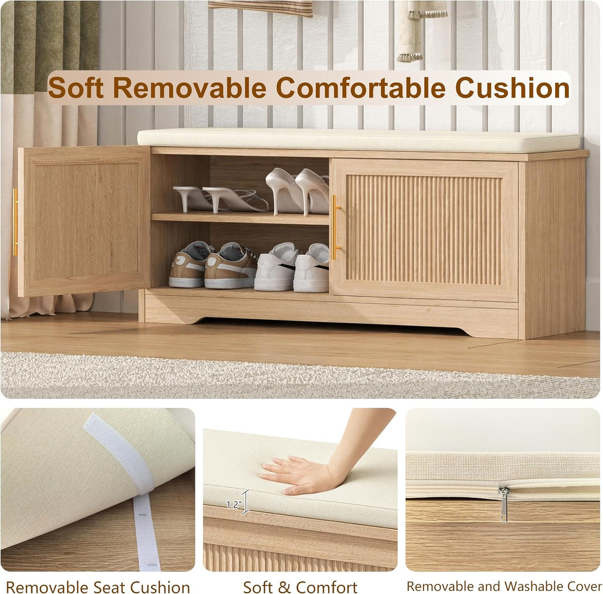 Keehusux 39.4" Fluted Shoe Storage Bench with Seat Cushion, Natural Oak