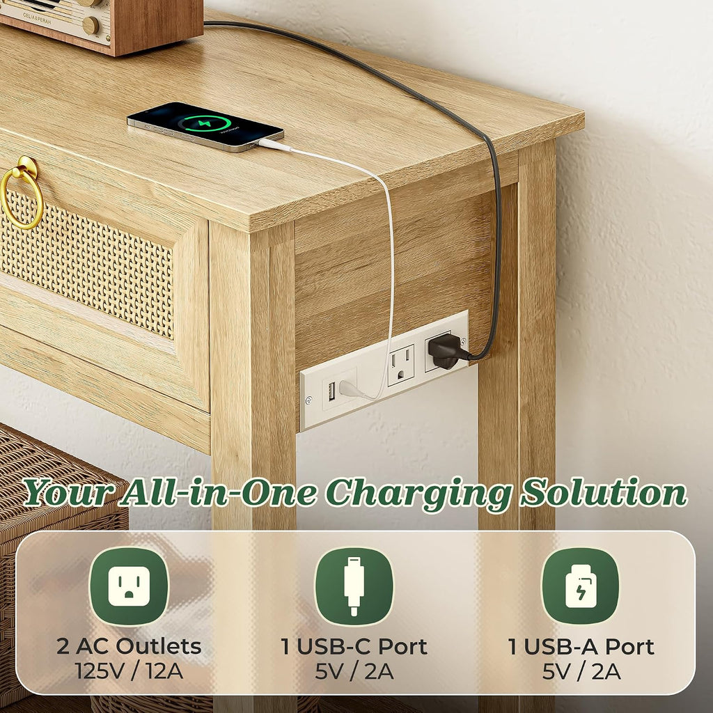 SUPERJARE Rattan Console Sofa Table with Outlets, USB-C Port and 3 Drawers