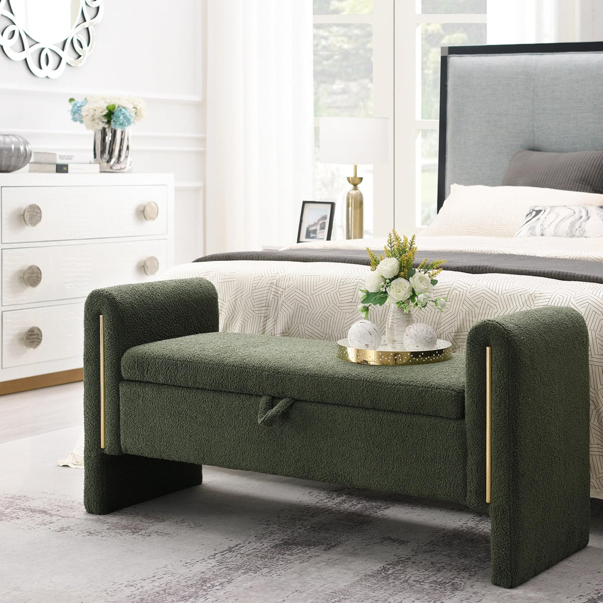 Christopher Knight Home Upholstered Storage Ottoman, Teddy Fabric Bench with Solid Wood Legs, Comfortable Foot Rest Stool, Storage Bench for Bedroom End of Bed, Living Room, Dining Room, White