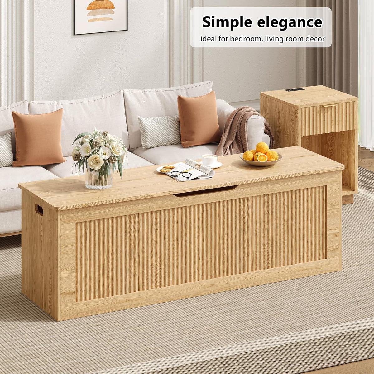 Akxomel 51.2" Fluted Storage Chest Wooden Storage Trunk 2 Safety Hinges Oak