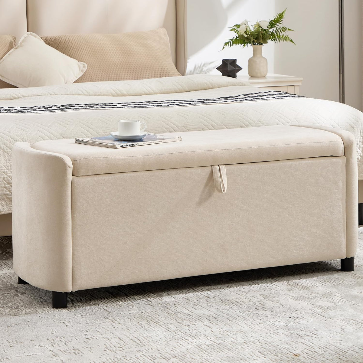 48" Ottoman with Storage, Large Storage Ottoman Bench, Beige
