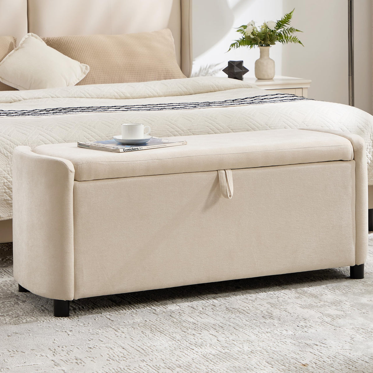 48" Ottoman with Storage, Large Storage Ottoman Bench, Beige