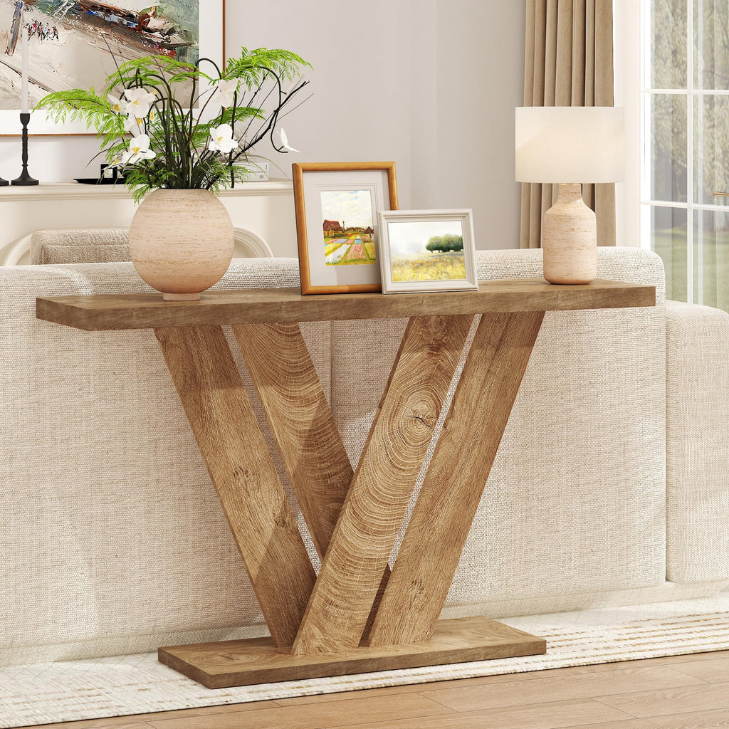 51" Console Table, V-Shaped Entryway Table, Wood Sofa Table Behind Couch