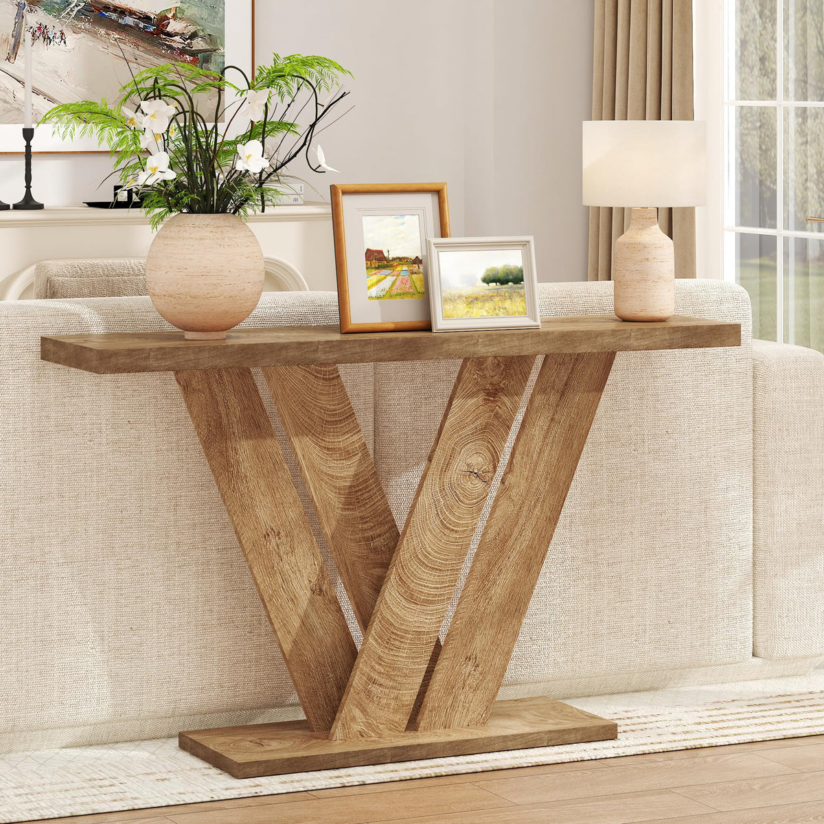 51" Console Table, V-Shaped Entryway Table, Wood Sofa Table Behind Couch