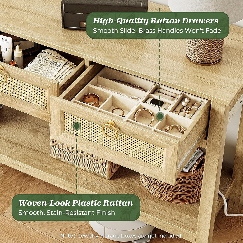 SUPERJARE Rattan Console Sofa Table with Outlets, USB-C Port and 3 Drawers
