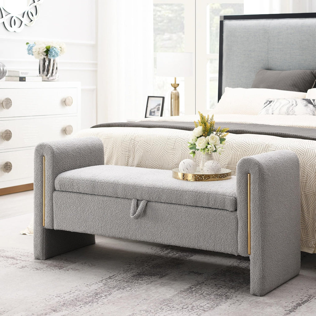 Christopher Knight Home Upholstered Storage Ottoman, Teddy Fabric Bench with Solid Wood Legs, Comfortable Foot Rest Stool, Storage Bench for Bedroom End of Bed, Living Room, Dining Room, White
