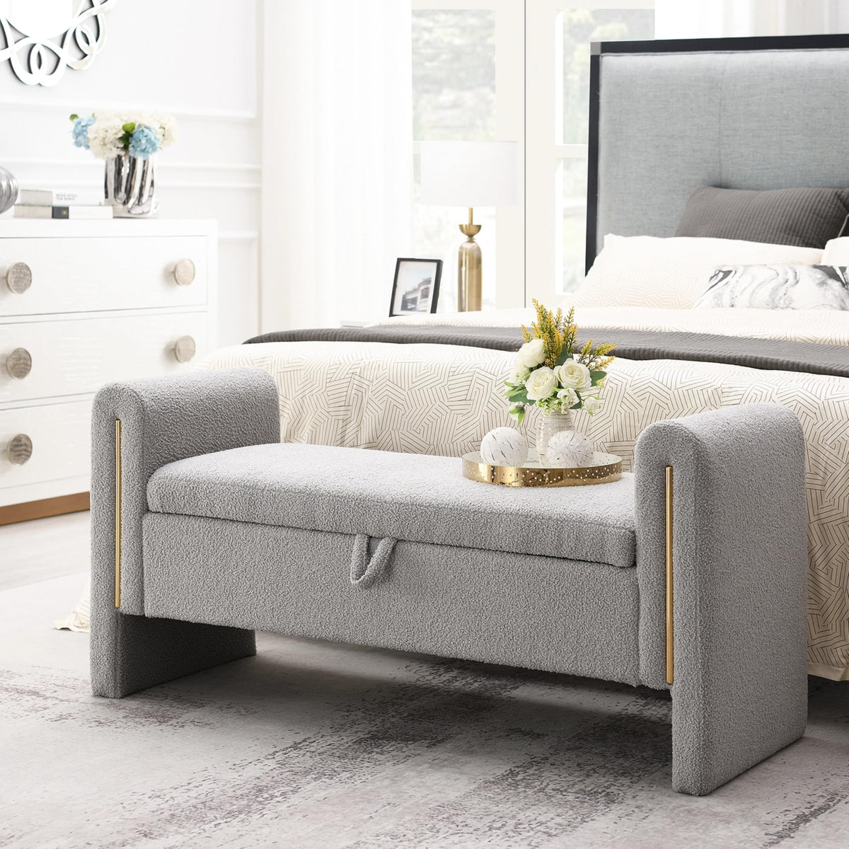 Christopher Knight Home Upholstered Storage Ottoman, Teddy Fabric Bench with Solid Wood Legs, Comfortable Foot Rest Stool, Storage Bench for Bedroom End of Bed, Living Room, Dining Room, White