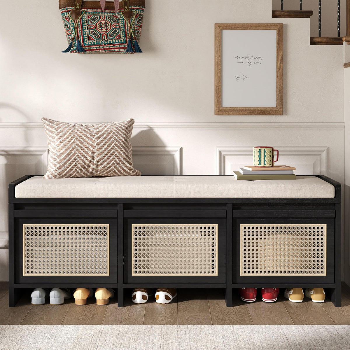 48" Entryway Storage Bench with 3 Rattan Drawers，Natural
