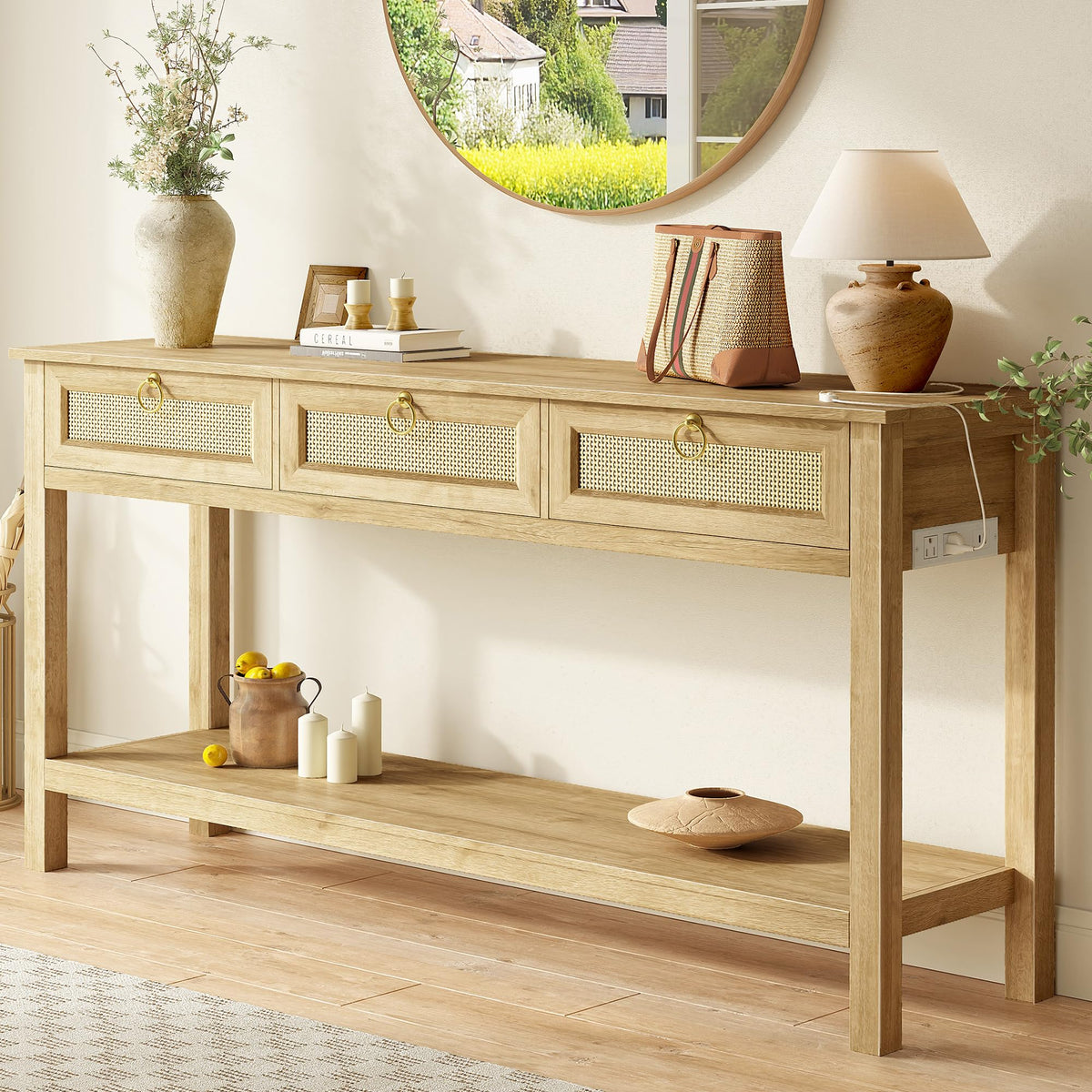 SUPERJARE Rattan Console Sofa Table with Outlets, USB-C Port and 3 Drawers