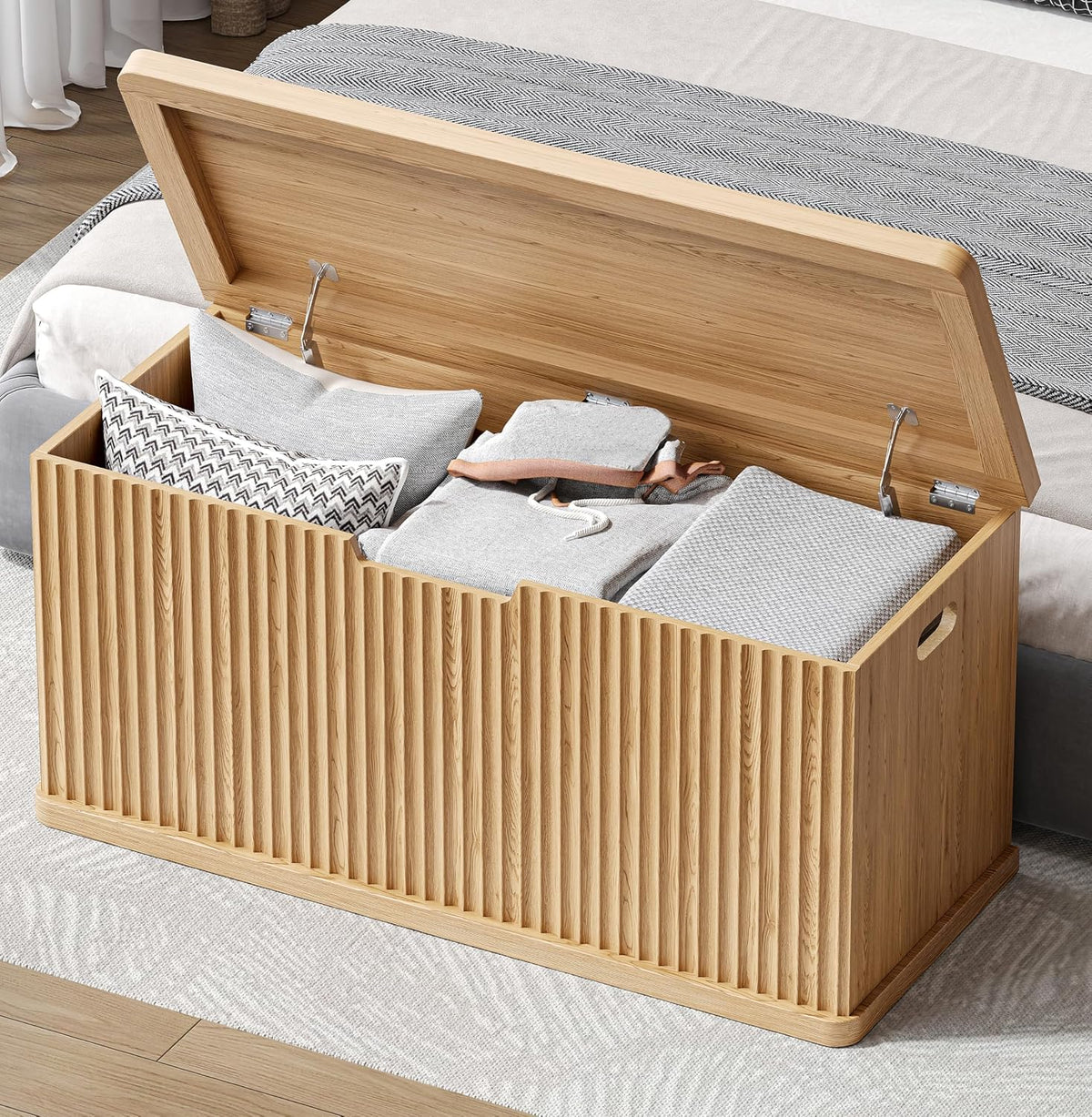 Akxomel 37.4" Fluted Storage Chest Wooden Storage Trunk 2 Safety Hinges Oak