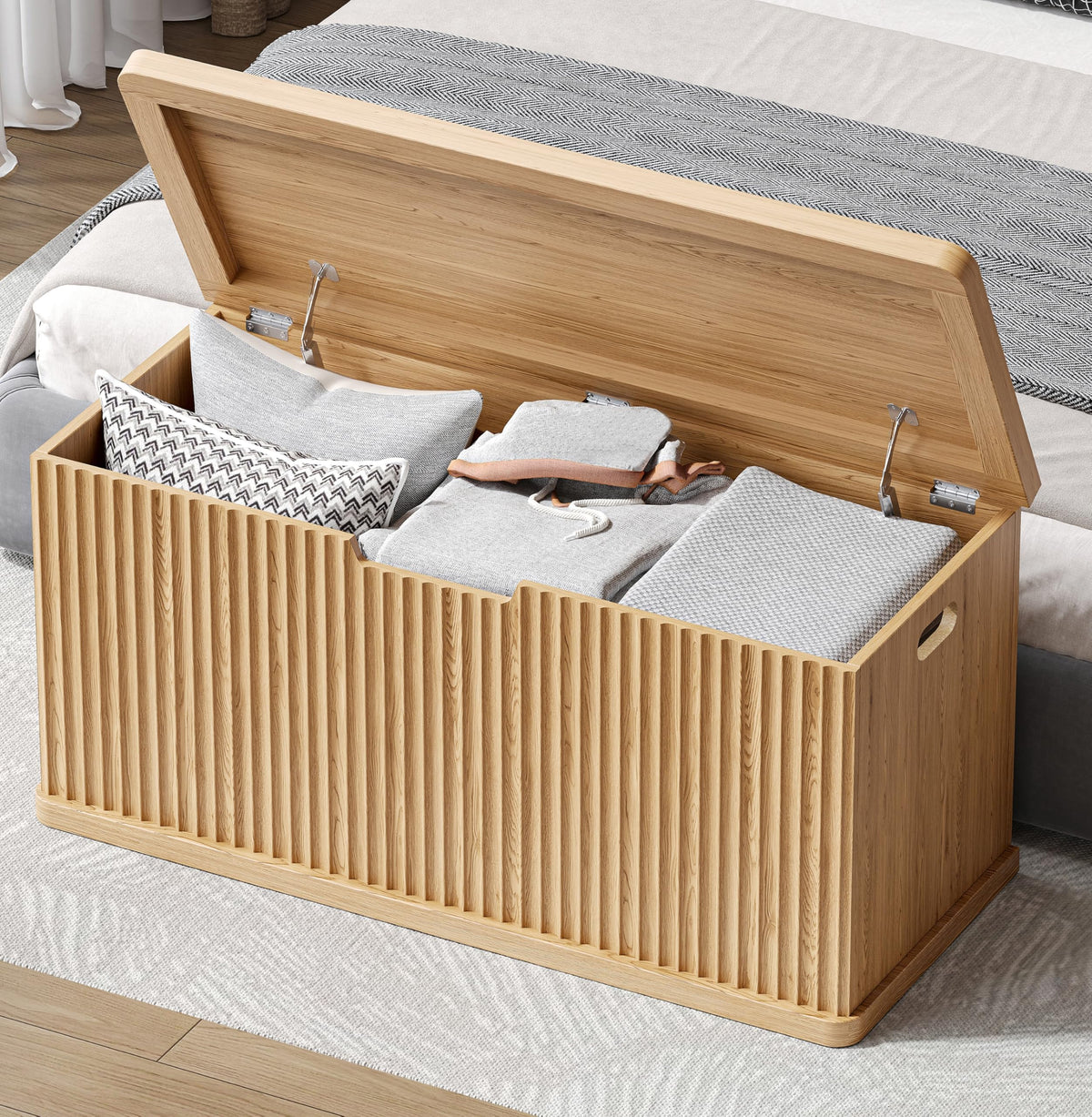 Akxomel 37.4" Fluted Storage Chest Wooden Storage Trunk 2 Safety Hinges Oak